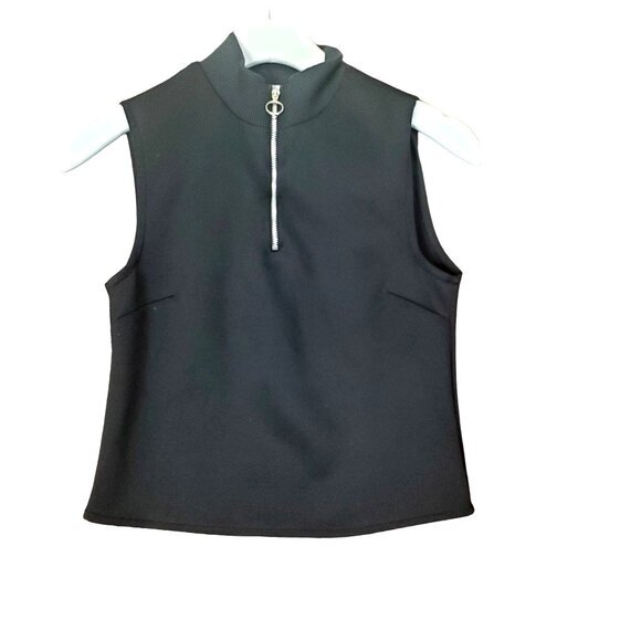ZARA Womens Blouse SZ S High Zip‎ Neck Sleeveless Stretchy Black Minimal - Picture 1 of 5